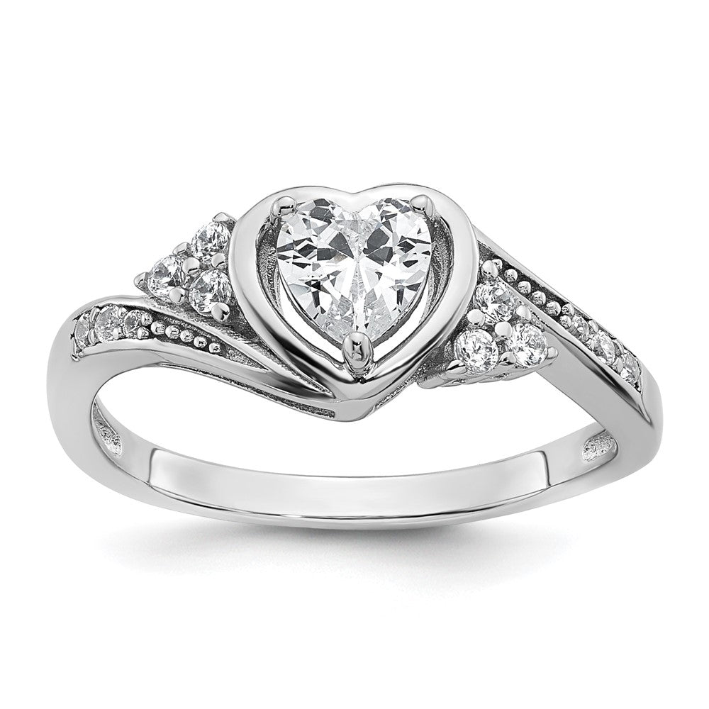Sterling Silver Rhodium-plated Polished Fancy CZ Center Heart Size 6 Ring