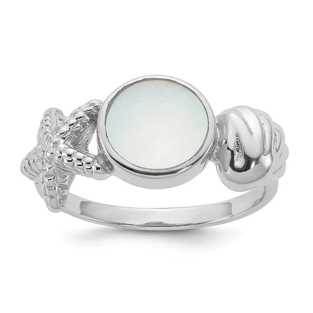 Sterling Silver Rhodium-plated Polished Oval Mother of Pearl and Sea Shell with Starfish Size 6 Ring