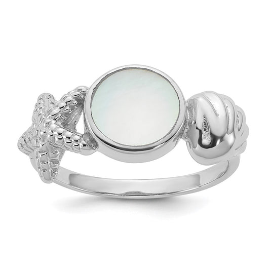 Sterling Silver Rhodium-plated Polished Oval Mother of Pearl and Sea Shell with Starfish Size 6 Ring