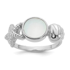 Sterling Silver Rhodium-plated Polished Oval Mother of Pearl and Sea Shell with Starfish Size 6 Ring