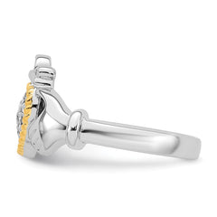Sterling Silver Rhodium-plated with 14k Accent Polished CZ Size 6 Claddagh Ring