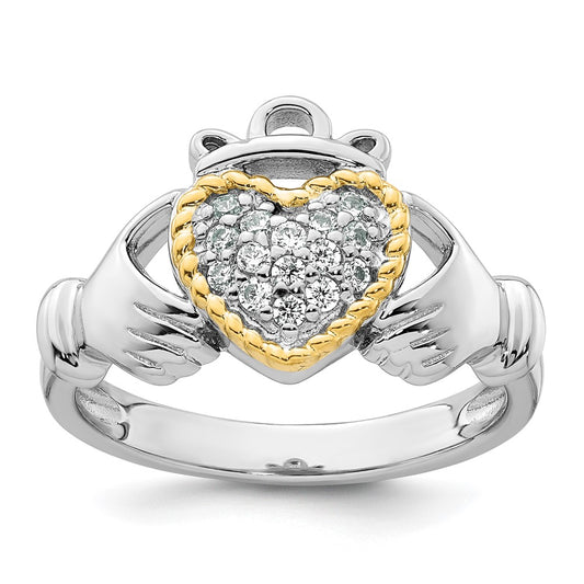 Sterling Silver Rhodium-plated with 14k Accent Polished CZ Size 6 Claddagh Ring