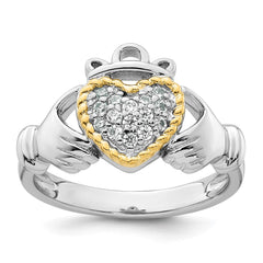 Sterling Silver Rhodium-plated with 14k Accent Polished CZ Size 6 Claddagh Ring
