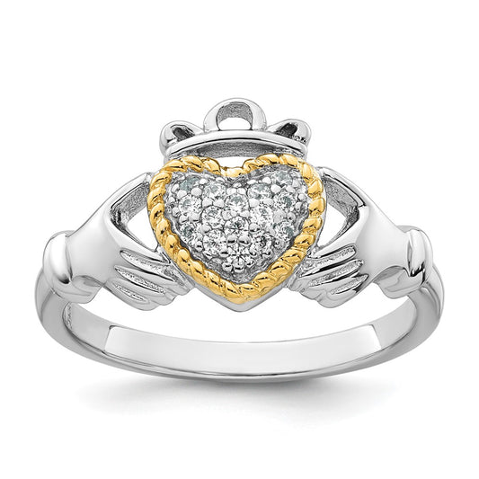 Sterling Silver Rhodium-plated with 14k Accent Polished CZ Size 6 Claddagh Ring