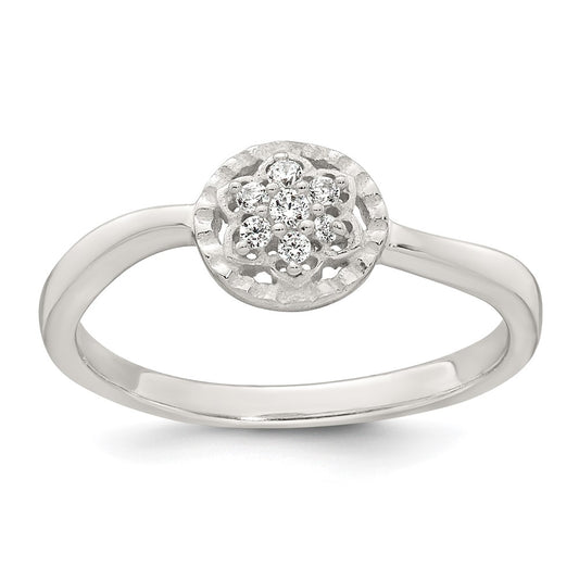 Sterling Silver Polished and Grooved White CZ Flower with Wavy Shank Size 6 Ring