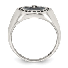 Sterling Silver Polished Fleur de Lis Black Enameled and Black Nano Crystals Size 10 Mens Signet Ring