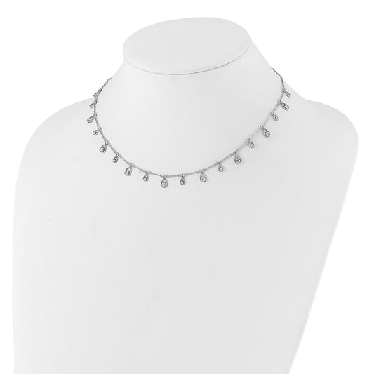 Sterling Shimmer Sterling Silver Rhodium-plated CZ 19 Stone 19 Teardrop Stations 14 inch with 2 inch extender Necklace QSH113-14