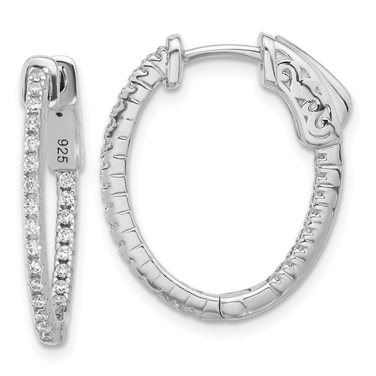 QSH140 Sterling Shimmer Sterling Silver Rhodium-plated 1.3mm CZ 48 Stone Oval In and Out Hinged Oval Hoop Earrings
