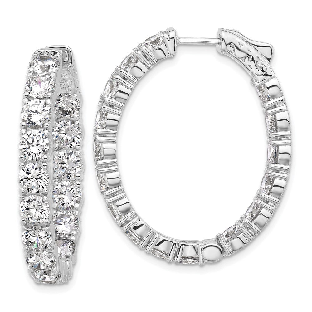 QSH143 Sterling Shimmer Sterling Silver Rhodium-plated  4.25mm CZ 32 Stone Oval In and Out Hinged Hoop Earrings