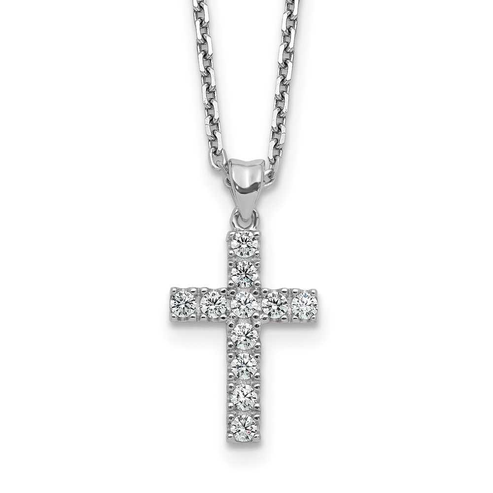 Sterling Shimmer Sterling Silver Rhodium-plated 2mm CZ 11 Stone Cross 16 inch with 2 inch Extension Necklace QSH149-16
