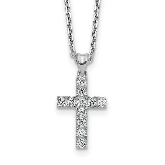 Sterling Shimmer Sterling Silver Rhodium-plated 2mm CZ 11 Stone Cross 16 inch with 2 inch Extension Necklace QSH149-16