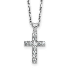 Sterling Shimmer Sterling Silver Rhodium-plated 2mm CZ 11 Stone Cross 16 inch with 2 inch Extension Necklace QSH149-16