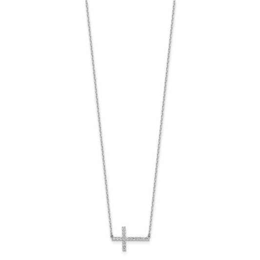 Sterling Shimmer Sterling Silver Rhodium-plated 1.3mm CZ 17 Stone Sideway Cross 16 inch with 2 inch Extension Necklace QSH150-16