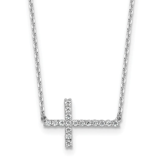 Sterling Shimmer Sterling Silver Rhodium-plated 1.3mm CZ 17 Stone Sideway Cross 16 inch with 2 inch Extension Necklace QSH150-16