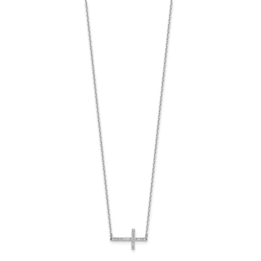 Sterling Shimmer Sterling Silver Rhodium-plated 1.1mm CZ 16 Stone Sideway Cross 16 inch with 2 inch Extension Necklace QSH154-16