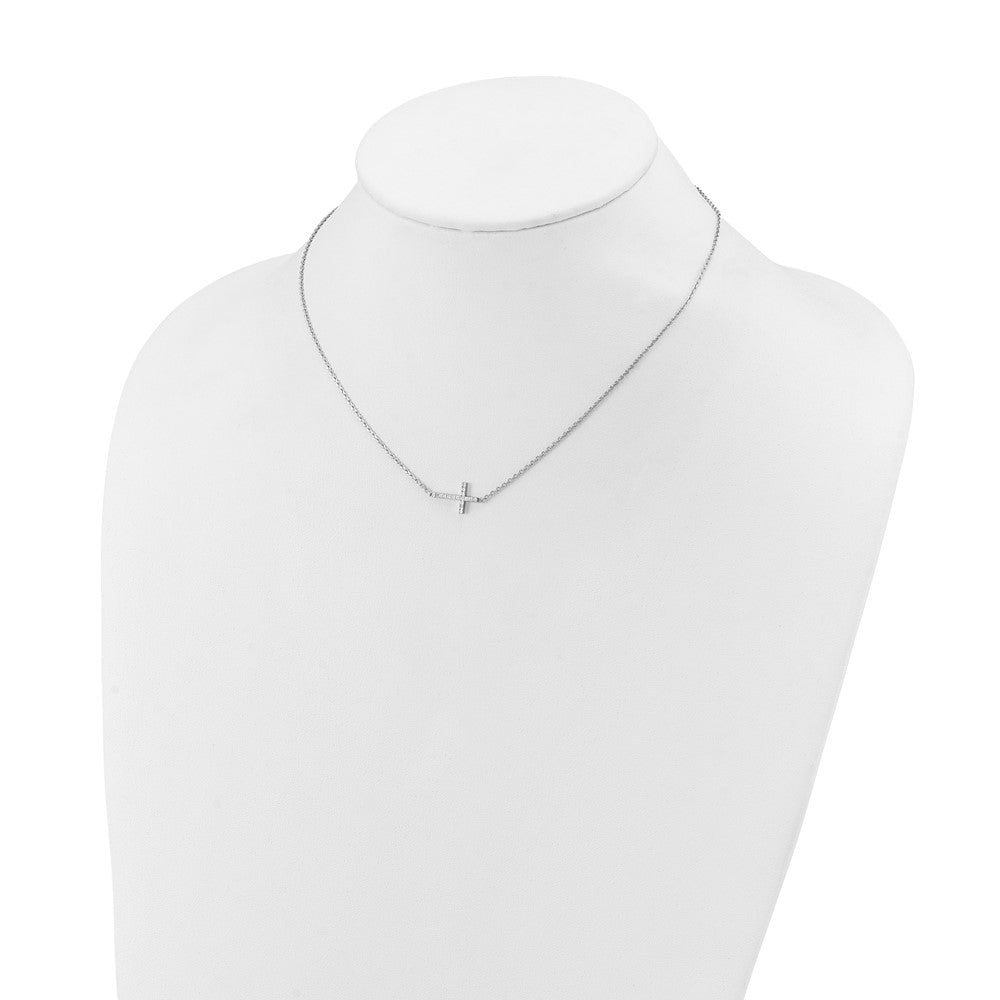 Sterling Shimmer Sterling Silver Rhodium-plated 1.1mm CZ 16 Stone Sideway Cross 16 inch with 2 inch Extension Necklace QSH154-16