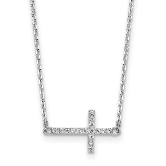 Sterling Shimmer Sterling Silver Rhodium-plated 1.1mm CZ 16 Stone Sideway Cross 16 inch with 2 inch Extension Necklace QSH154-16