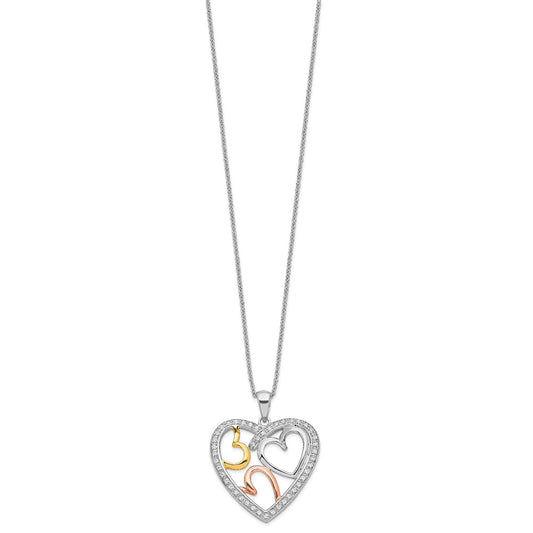 Sentimental Expressions Sterling Silver Rhodium Rose and Gold-plated CZ The Bond of Love Heart 18 inch Necklace with Poem Card QSX245