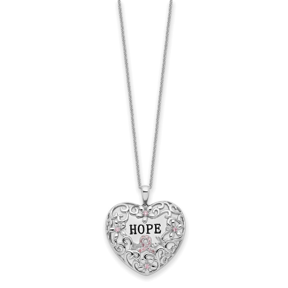 Sentimental Expressions Sterling Silver Rhodium-plated Pink CZ Breast Cancer Heart 18in Necklace QSX743