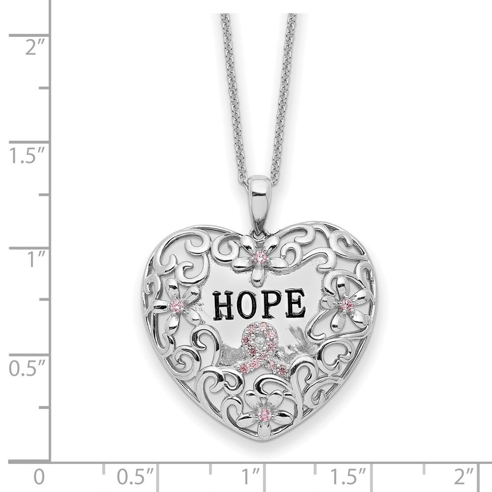 Sentimental Expressions Sterling Silver Rhodium-plated Pink CZ Breast Cancer Heart 18in Necklace QSX743