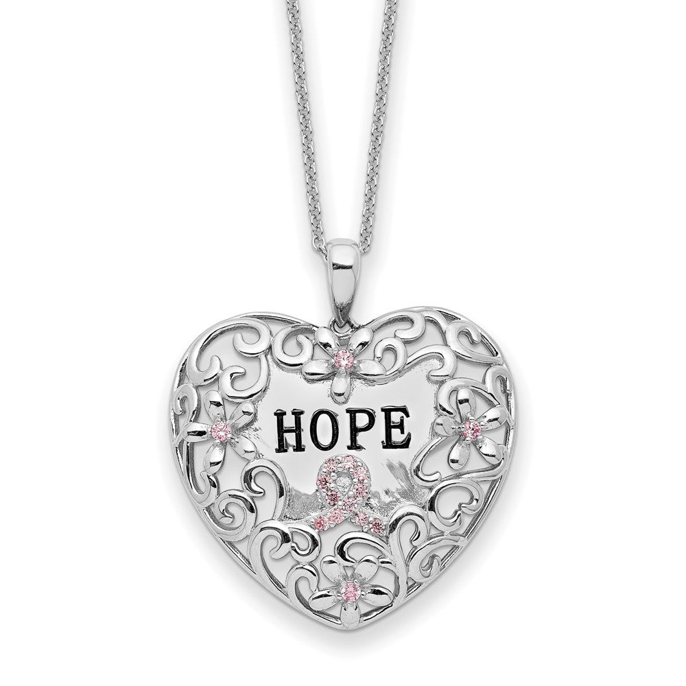 Sentimental Expressions Sterling Silver Rhodium-plated Pink CZ Breast Cancer Heart 18in Necklace QSX743