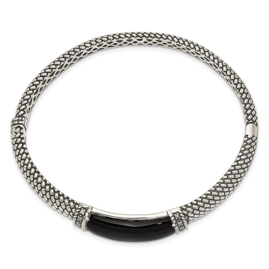 Shey Couture Sterling Silver Antiqued Black Onyx and Diamond Hinged Bangle Bracelet QTC111