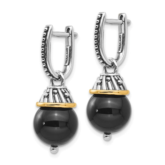 QTC1210 Shey Couture Sterling Silver with 14K Accent Antiqued Black Onyx Hinged Hoop Dangle Earrings