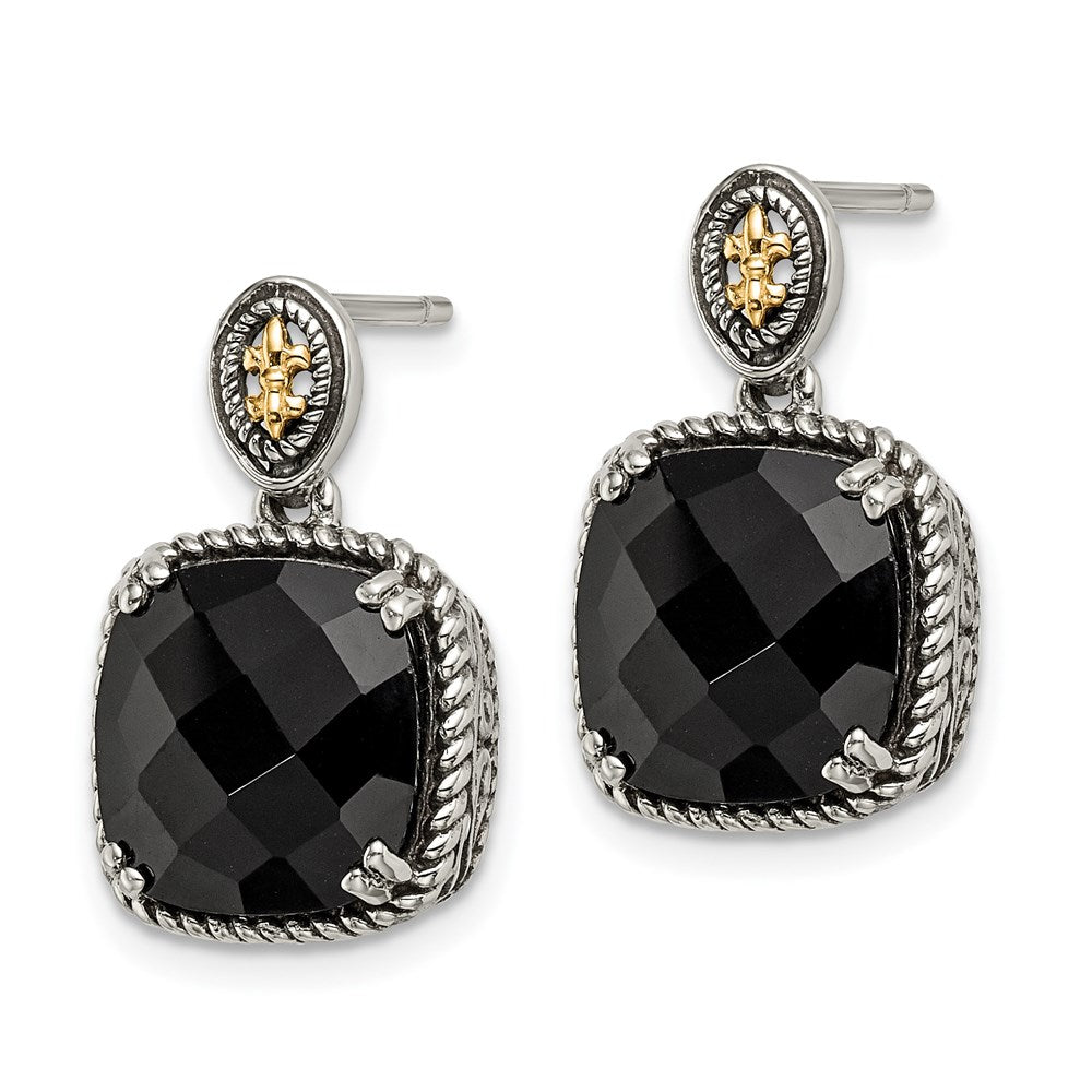 QTC1212 Shey Couture Sterling Silver with 14K Accent Antiqued Checkerboard-cut Black Onyx Dangle Post Earrings