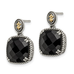 QTC1212 Shey Couture Sterling Silver with 14K Accent Antiqued Checkerboard-cut Black Onyx Dangle Post Earrings