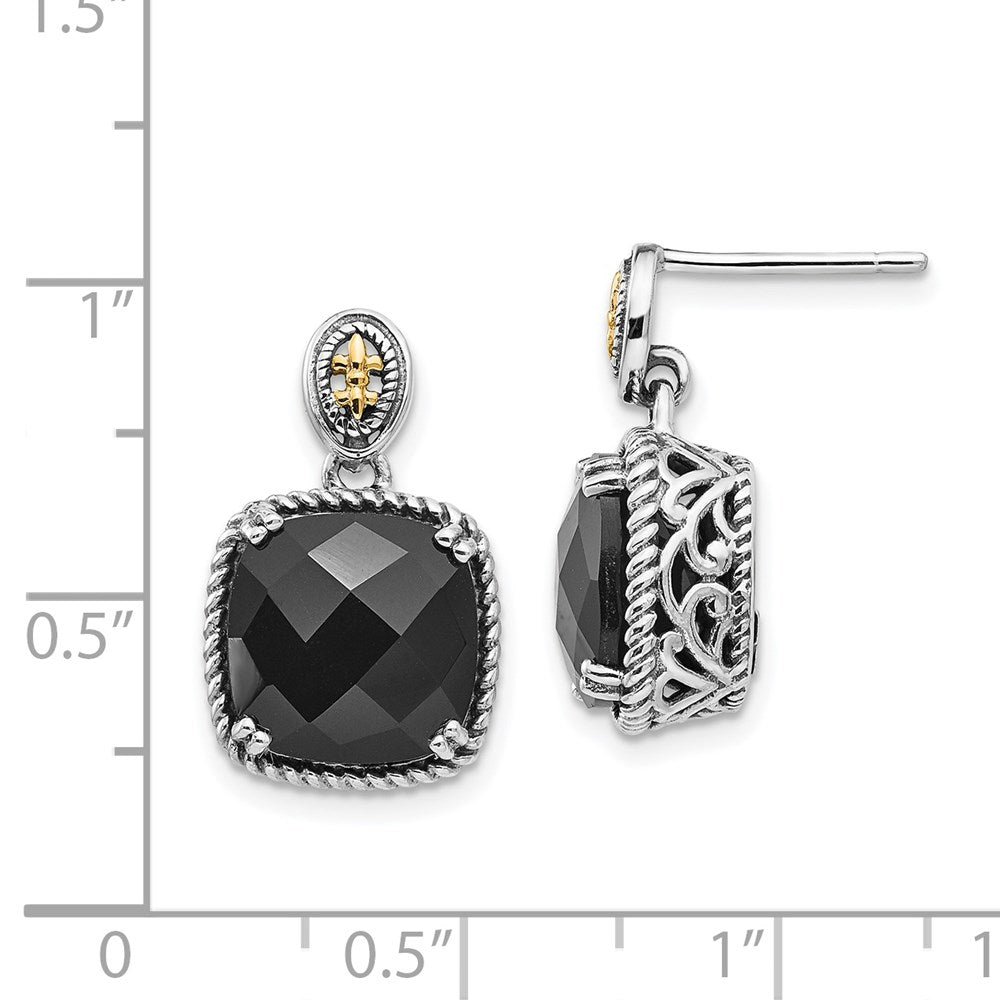 QTC1212 Shey Couture Sterling Silver with 14K Accent Antiqued Checkerboard-cut Black Onyx Dangle Post Earrings