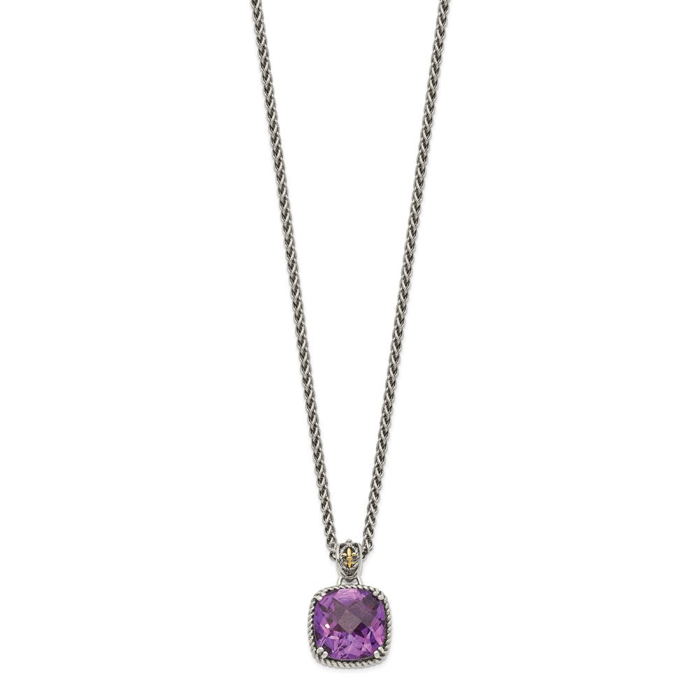 Shey Couture Sterling Silver with 14K Accent 18 Inch Antiqued Cushion Checkerboard Amethyst Necklace QTC1216