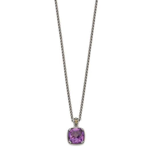 Shey Couture Sterling Silver with 14K Accent 18 Inch Antiqued Cushion Checkerboard Amethyst Necklace QTC1216