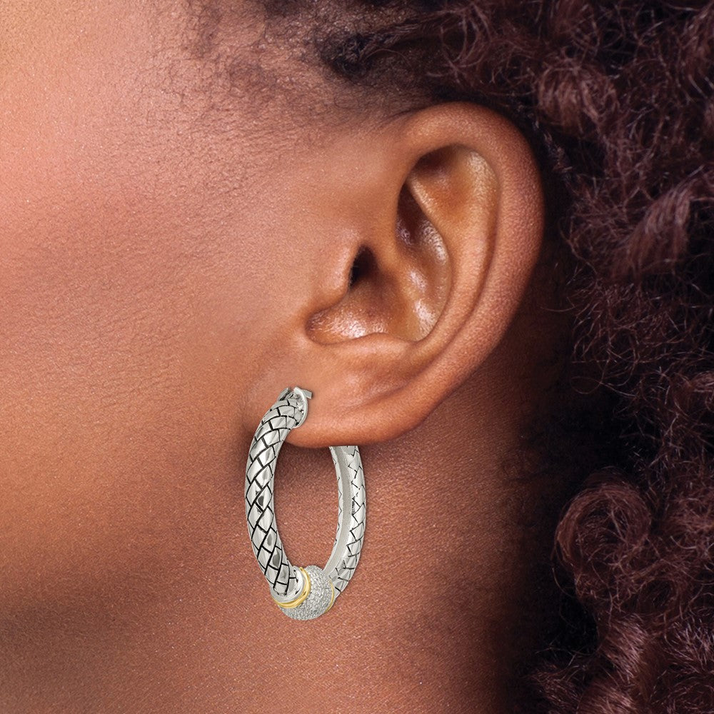 QTC122 Shey Couture Sterling Silver with 14K Accent Antiqued Diamond Hoop Earrings