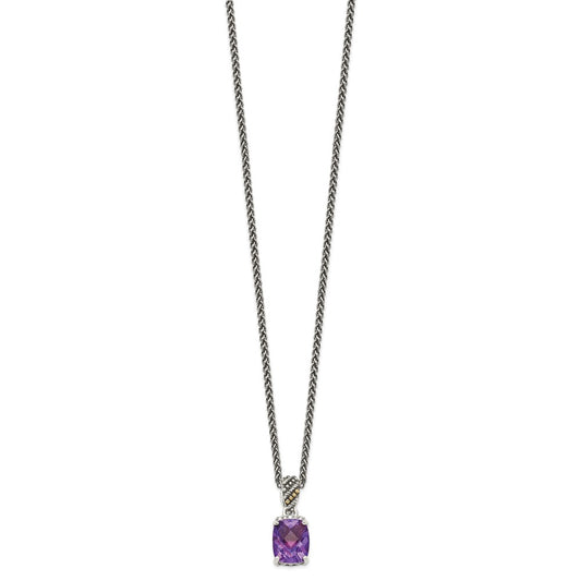 Shey Couture Sterling Silver with 14K Accent 18 Inch Antiqued Diamond and Checkerboard-cut Cushion Amethyst Necklace QTC1225