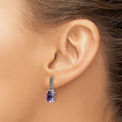 QTC1226 Shey Couture Sterling Silver with 14K Accent Antiqued Diamond and Cushion Amethyst Dangle Post Earrings
