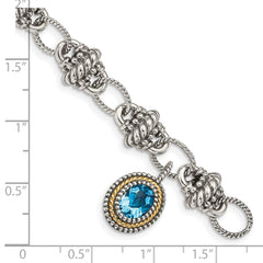 Shey Couture Sterling Silver with 14K Accent 7.5 Inch Antiqued Oval Light Swiss Blue Topaz Bracelet QTC1284