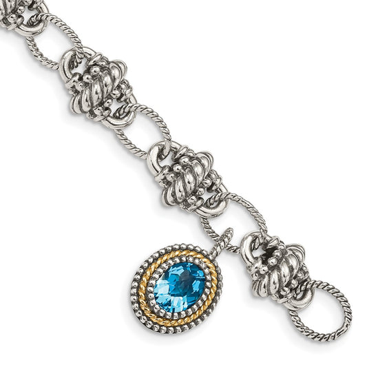 Shey Couture Sterling Silver with 14K Accent 7.5 Inch Antiqued Oval Light Swiss Blue Topaz Bracelet QTC1284