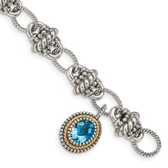Shey Couture Sterling Silver with 14K Accent 7.5 Inch Antiqued Oval Light Swiss Blue Topaz Bracelet QTC1284