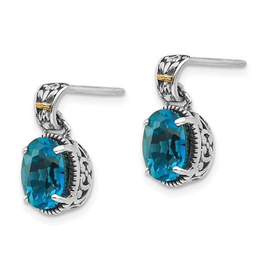 QTC1338 Shey Couture Sterling Silver with 14K Accent Antiqued Oval London Blue Topaz Post Dangle Earrings
