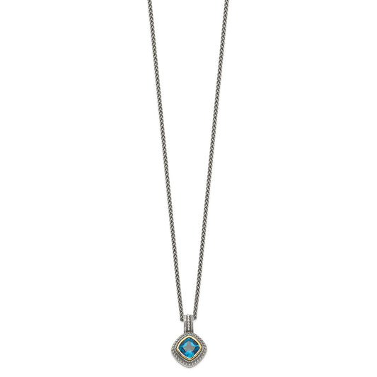 Shey Couture Sterling Silver with 14K Accent 18 Inch Antiqued Cushion Bezel London Blue Topaz Necklace QTC1353