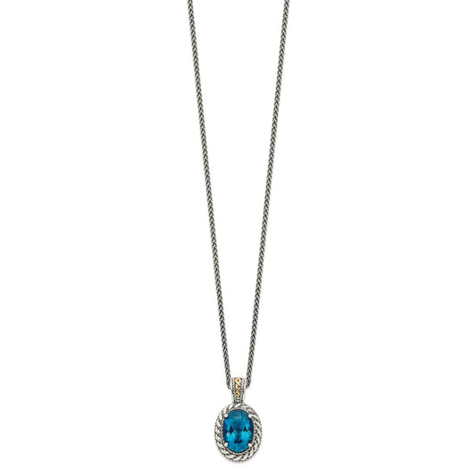 Shey Couture Sterling Silver with 14K Accent 18 Inch Antiqued Oval London Blue Topaz Hinged Bail Necklace QTC1365
