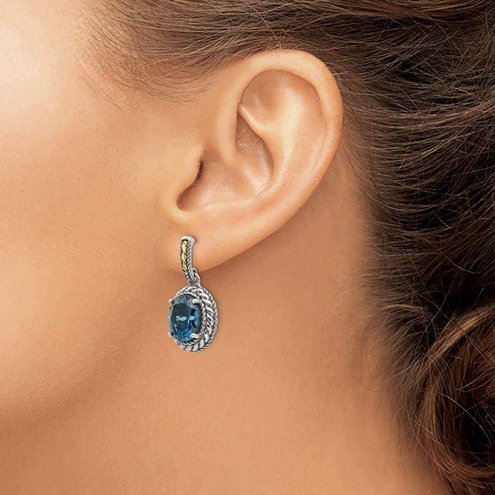 QTC1367 Shey Couture Sterling Silver with 14K Accent Antiqued Oval London Blue Topaz Post Dangle Earrings