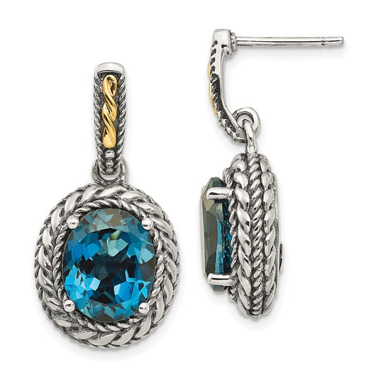 QTC1367 Shey Couture Sterling Silver with 14K Accent Antiqued Oval London Blue Topaz Post Dangle Earrings