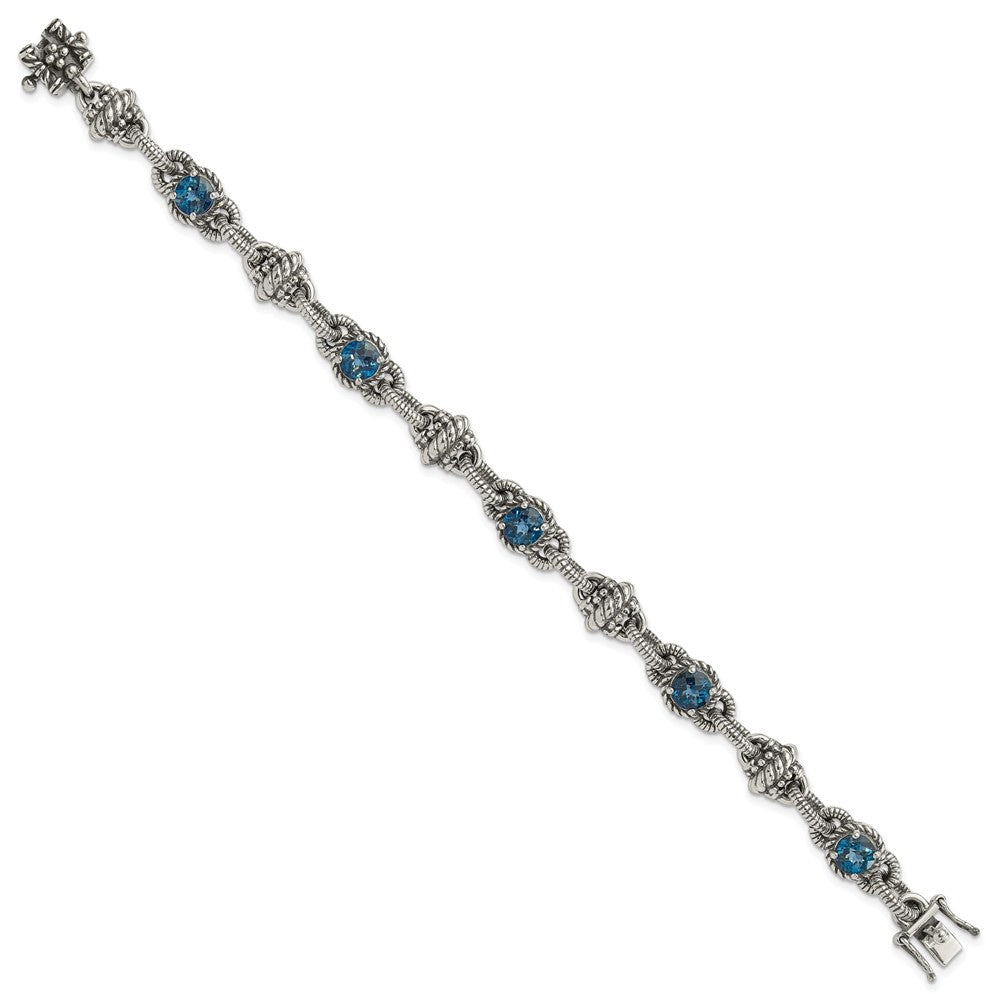 Shey Couture Sterling Silver 7.75 inch Antiqued Round London Blue Topaz Bracelet QTC1375