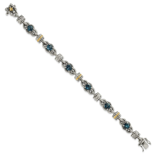 Shey Couture Sterling Silver with 14K Accent 7.25 Inch Antiqued Round London Blue Topaz Bracelet QTC1377