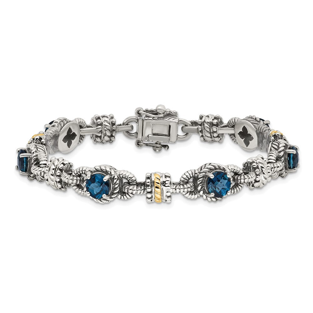 Shey Couture Sterling Silver with 14K Accent 7.25 Inch Antiqued Round London Blue Topaz Bracelet QTC1377
