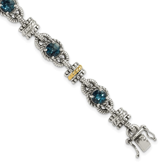 Shey Couture Sterling Silver with 14K Accent 7.25 Inch Antiqued Round London Blue Topaz Bracelet QTC1377