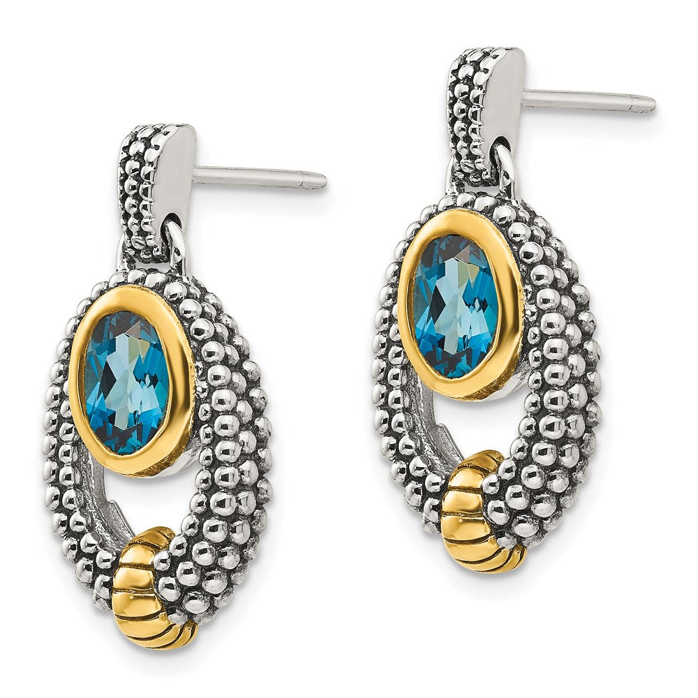 QTC1379 Shey Couture Sterling Silver Gold-tone Flash Gold-plated Antiqued Oval Bezel London Blue Topaz Post Dangle Earrings