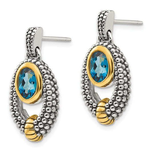 QTC1379 Shey Couture Sterling Silver Gold-tone Flash Gold-plated Antiqued Oval Bezel London Blue Topaz Post Dangle Earrings