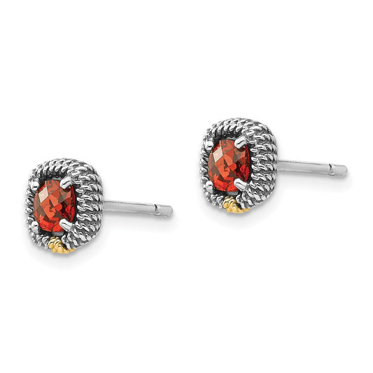 QTC1388 Shey Couture Sterling Silver with 14K Accent Antiqued Square Cushion Garnet Post Earrings